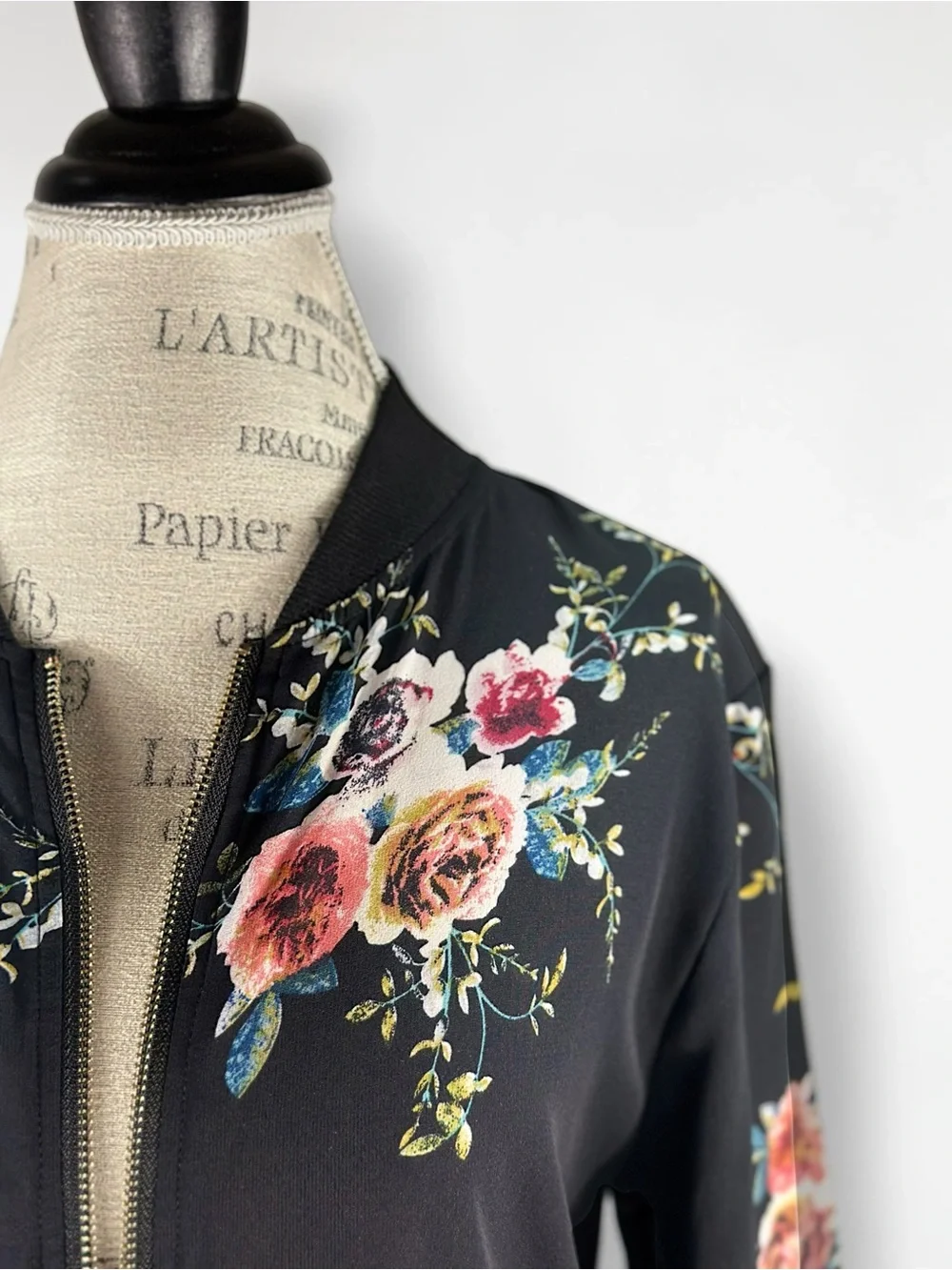 Black Floral Bomber Jacket Semi Sheer Lightweight Zip Up Coat - Picture 6 of 13